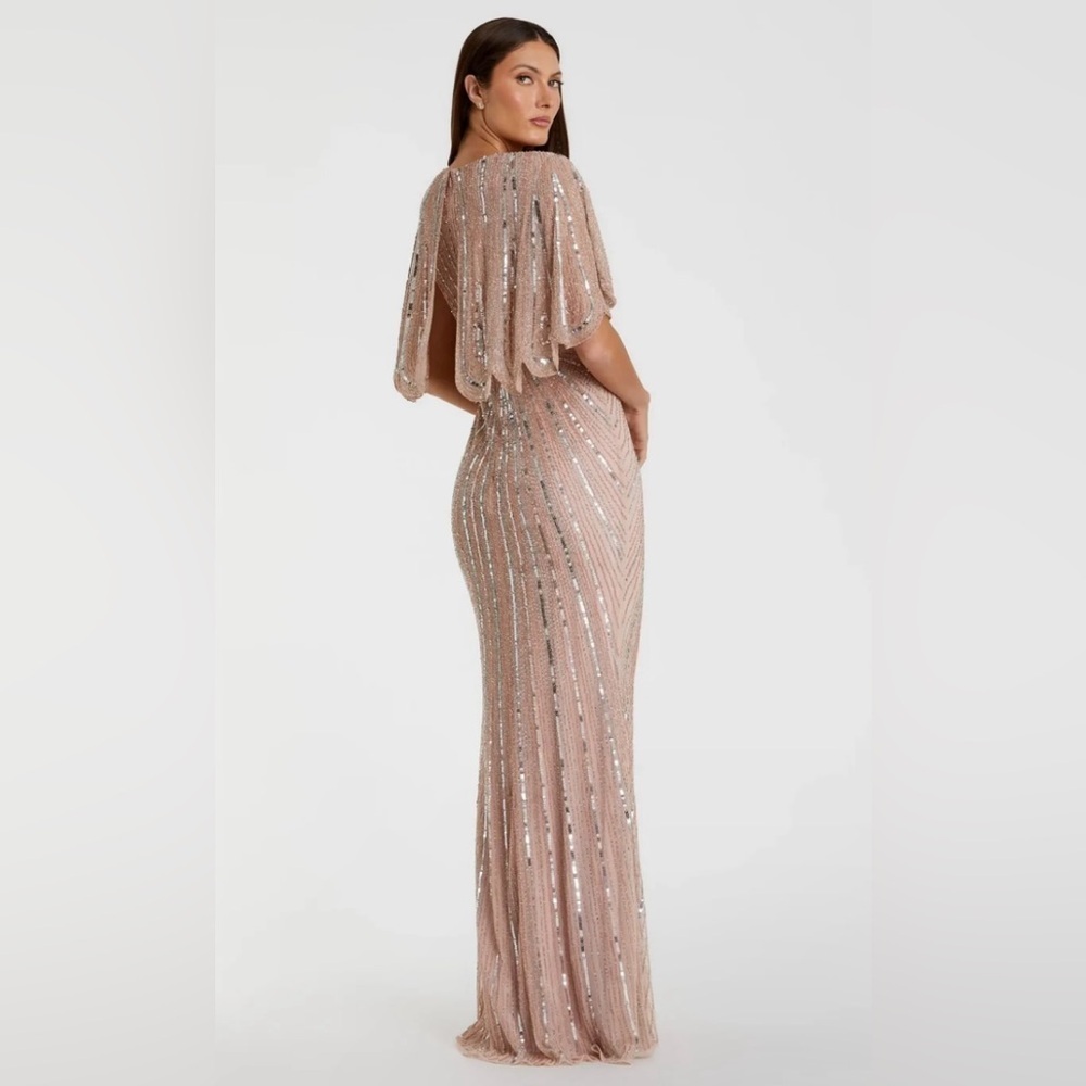 NWT |Mac Duggal 93583 Pink Vintage Rose Sequined V Neck Cape Sleeve Gown Size 8 - Picture 4 of 17